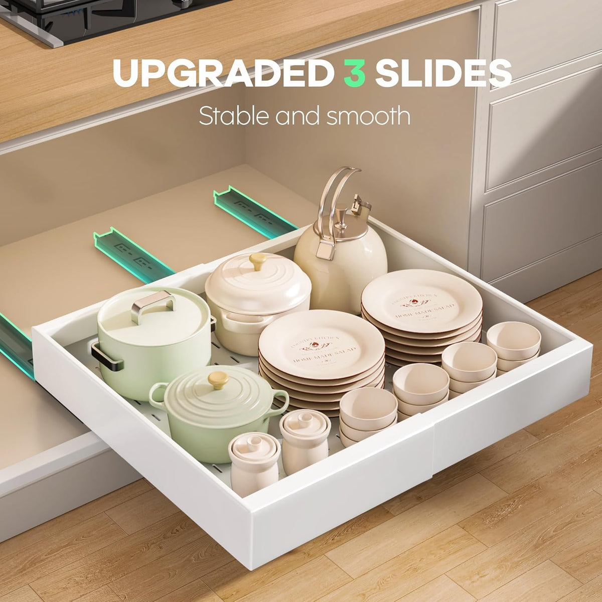 Pull out Cabinet Organizer 21"Deep with 4 Adjustable Dividers,Expandable（12.1"-20.4"W） Pots and Pans Organizer Under Cabinet with Raising Pad for Framed Cabinets,Slide out Drawers,White