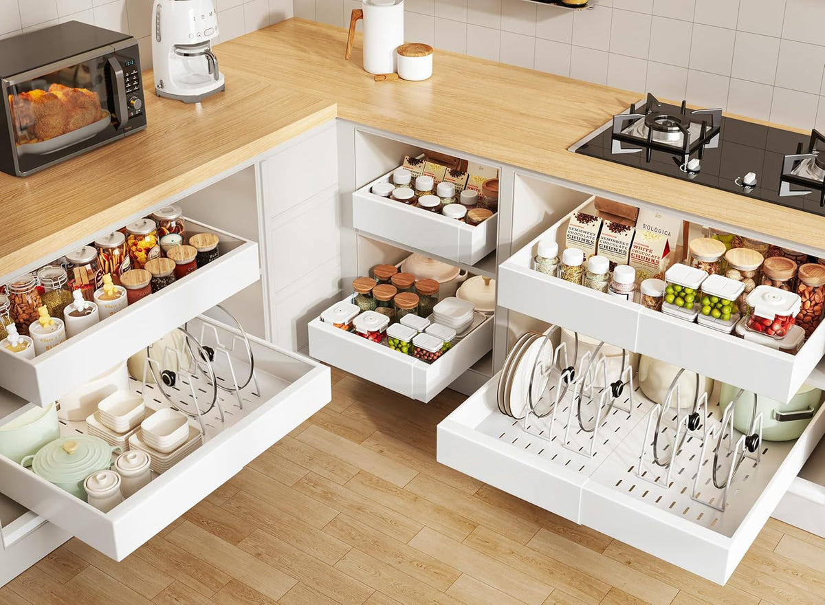 Pull out Cabinet Organizer 21"Deep with 4 Adjustable Dividers,Expandable（12.1"-20.4"W） Pots and Pans Organizer Under Cabinet with Raising Pad for Framed Cabinets,Slide out Drawers,White