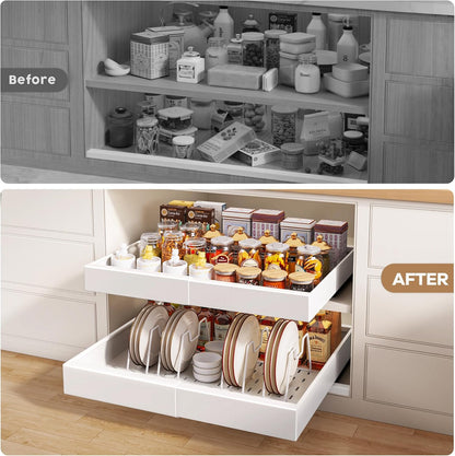 Pull out Cabinet Organizer 21"Deep with 4 Adjustable Dividers,Expandable（12.1"-20.4"W） Pots and Pans Organizer Under Cabinet with Raising Pad for Framed Cabinets,Slide out Drawers,White