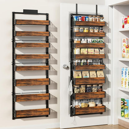 Over the Door Pantry Organizer: Storage and Pantry Organization with Hanging Basket - 8-Tier Metal Spice Rack Adjustable Shelves for Kitchen Laundry Room Bedroom & Bathroom Black
