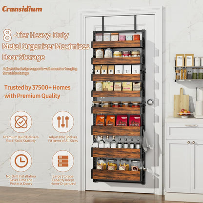 Over the Door Pantry Organizer: Storage and Pantry Organization with Hanging Basket - 8-Tier Metal Spice Rack Adjustable Shelves for Kitchen Laundry Room Bedroom & Bathroom Black
