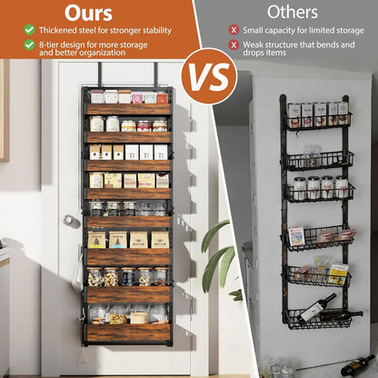 Over the Door Pantry Organizer: Storage and Pantry Organization with Hanging Basket - 8-Tier Metal Spice Rack Adjustable Shelves for Kitchen Laundry Room Bedroom & Bathroom Black
