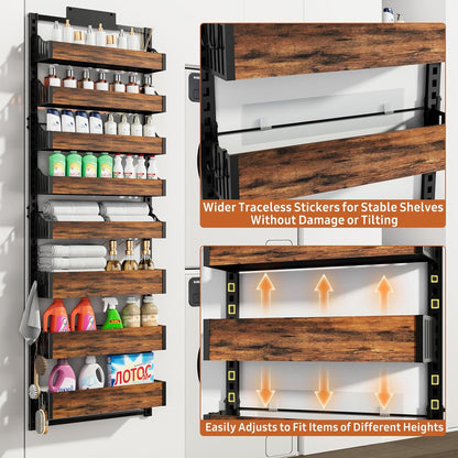 Over the Door Pantry Organizer: Storage and Pantry Organization with Hanging Basket - 8-Tier Metal Spice Rack Adjustable Shelves for Kitchen Laundry Room Bedroom & Bathroom Black