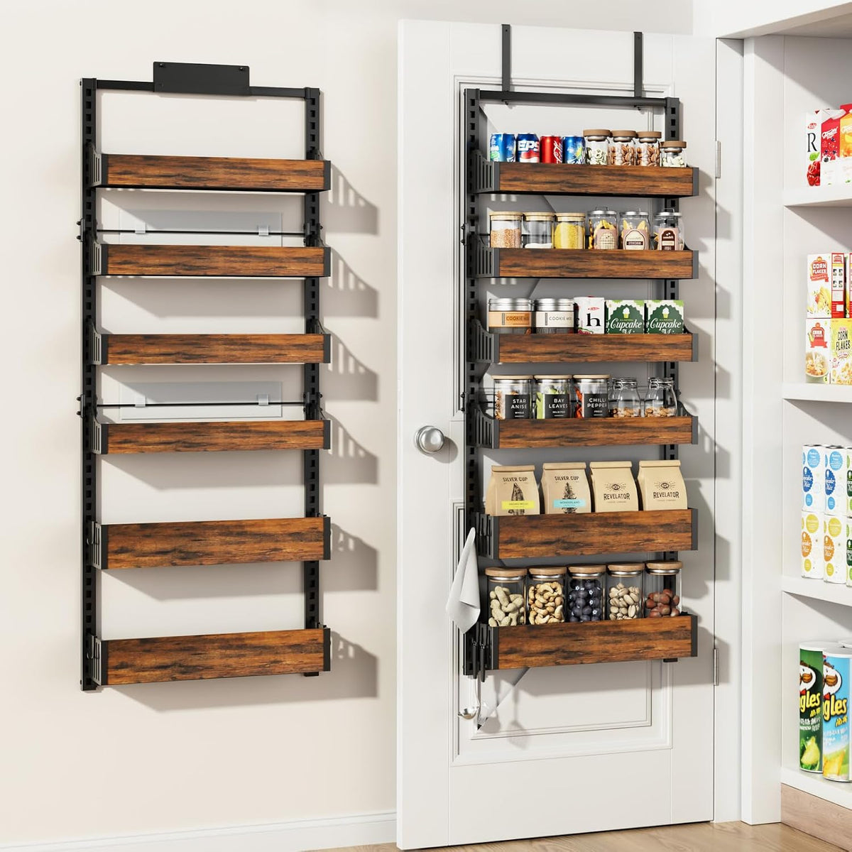 Over the Door Pantry Organizer: Storage and Pantry Organization with Hanging Basket - 8-Tier Metal Spice Rack Adjustable Shelves for Kitchen Laundry Room Bedroom & Bathroom Black