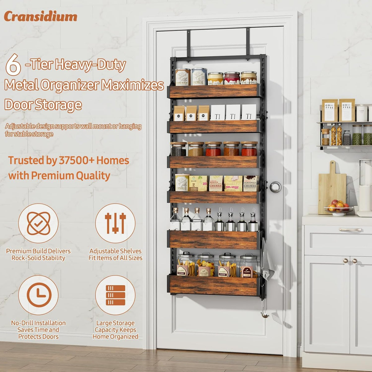Over the Door Pantry Organizer: Storage and Pantry Organization with Hanging Basket - 8-Tier Metal Spice Rack Adjustable Shelves for Kitchen Laundry Room Bedroom & Bathroom Black