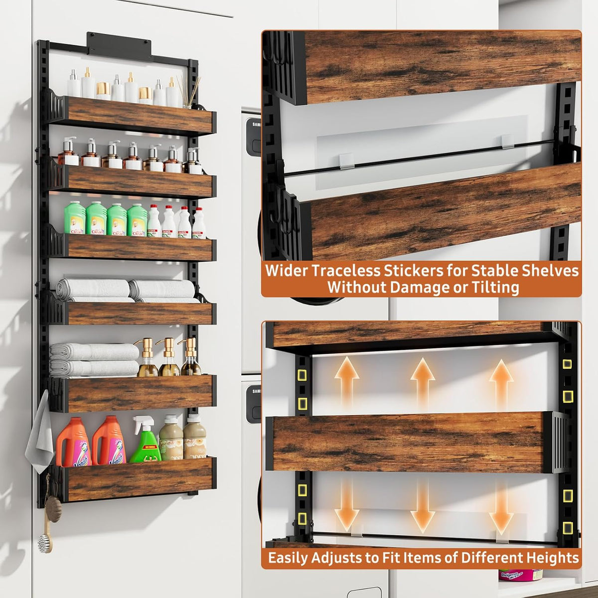 Over the Door Pantry Organizer: Storage and Pantry Organization with Hanging Basket - 8-Tier Metal Spice Rack Adjustable Shelves for Kitchen Laundry Room Bedroom & Bathroom Black