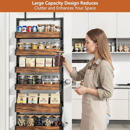 Over the Door Pantry Organizer: Storage and Pantry Organization with Hanging Basket - 8-Tier Metal Spice Rack Adjustable Shelves for Kitchen Laundry Room Bedroom & Bathroom Black