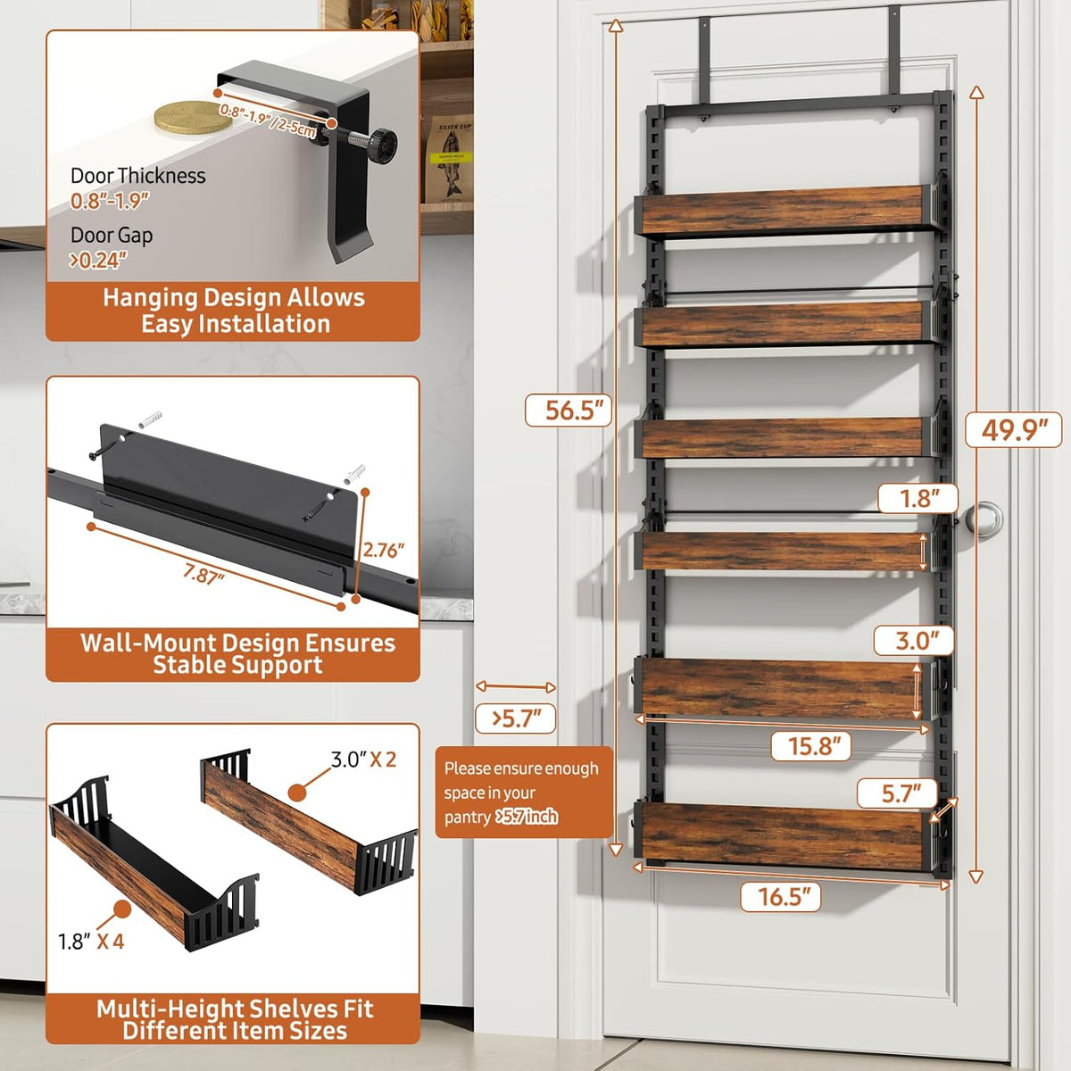 Over the Door Pantry Organizer: Storage and Pantry Organization with Hanging Basket - 8-Tier Metal Spice Rack Adjustable Shelves for Kitchen Laundry Room Bedroom & Bathroom Black