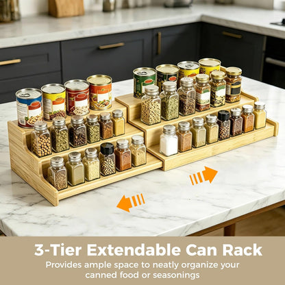 Expandable Bamboo Can Rack Organizer for Pantry, 3-Tier Adjustable Canned Food Storage Holder, Tiered Step Shelf holds up to 24 Cans for Kitchen Cabinet & Countertop
