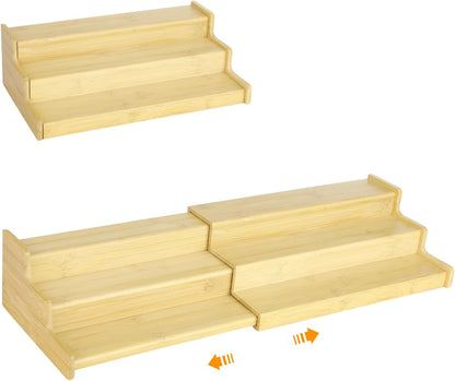 Expandable Bamboo Can Rack Organizer for Pantry, 3-Tier Adjustable Canned Food Storage Holder, Tiered Step Shelf holds up to 24 Cans for Kitchen Cabinet & Countertop