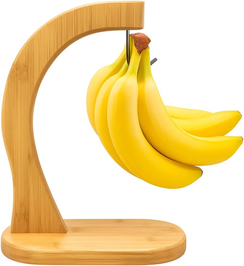 Bamboo Banana Hanger Stand – Wooden Countertop Banana Hook Holder for Kitchen Storage Display