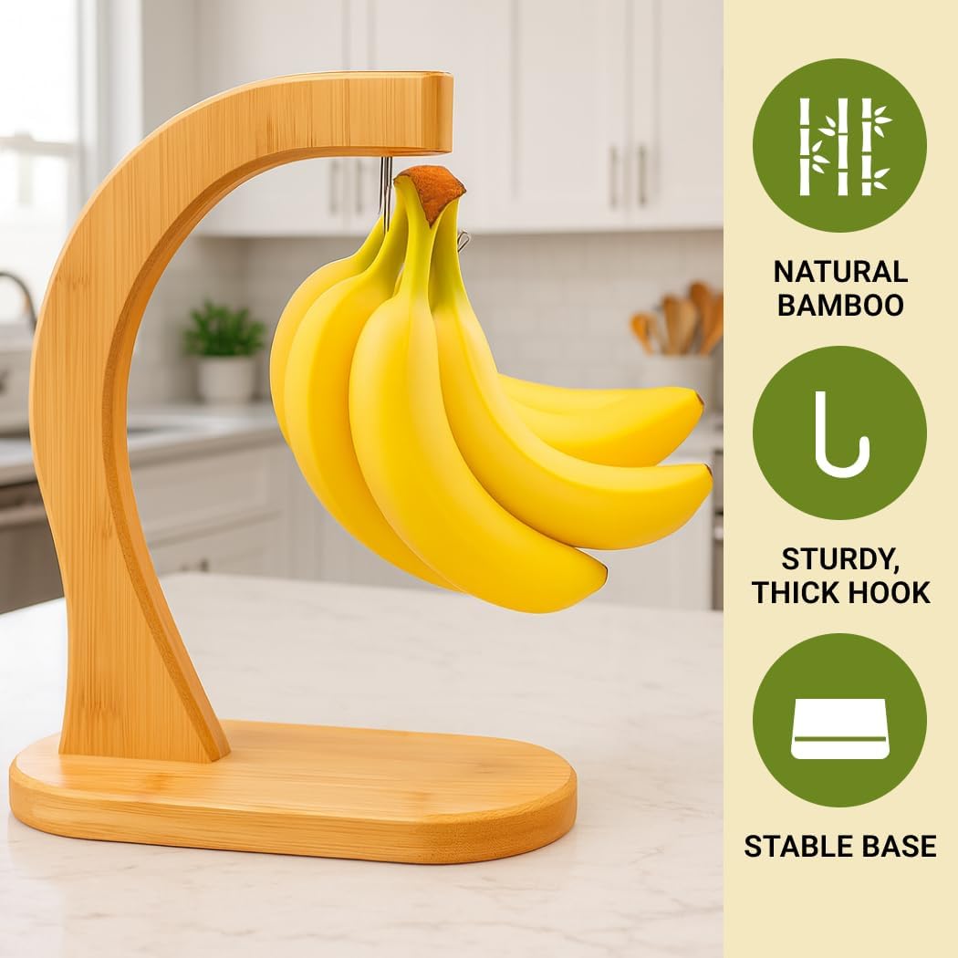 Bamboo Banana Hanger Stand – Wooden Countertop Banana Hook Holder for Kitchen Storage Display