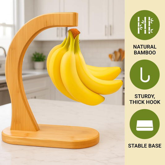 Bamboo Banana Hanger Stand – Wooden Countertop Banana Hook Holder for Kitchen Storage Display