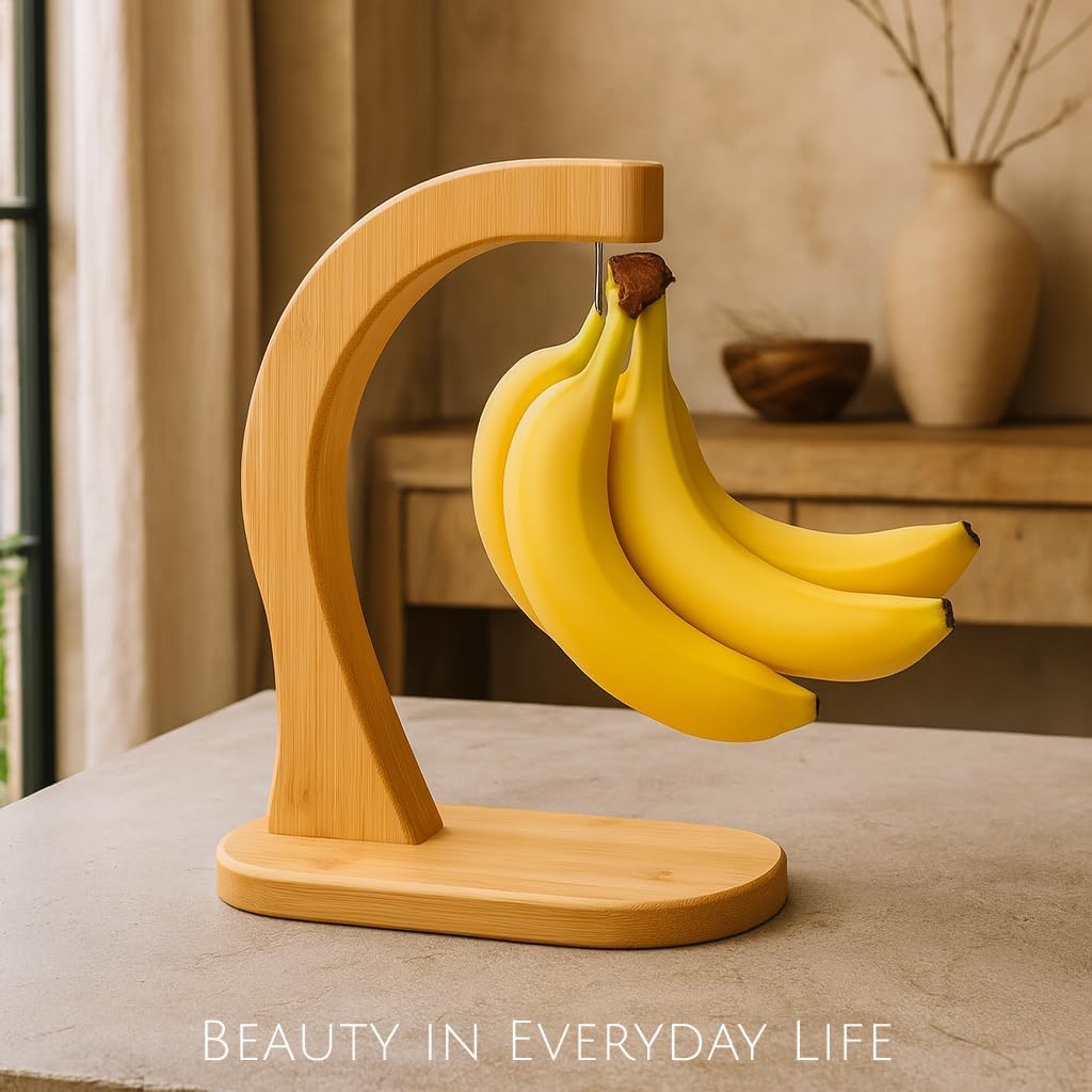 Bamboo Banana Hanger Stand – Wooden Countertop Banana Hook Holder for Kitchen Storage Display