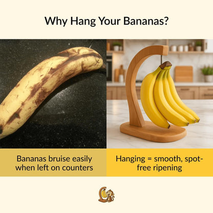 Bamboo Banana Hanger Stand – Wooden Countertop Banana Hook Holder for Kitchen Storage Display
