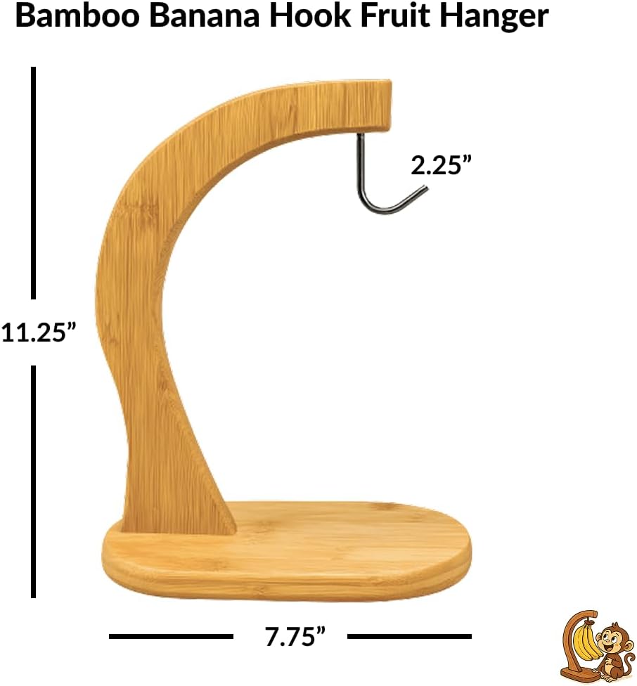 Bamboo Banana Hanger Stand – Wooden Countertop Banana Hook Holder for Kitchen Storage Display