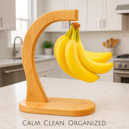 Bamboo Banana Hanger Stand – Wooden Countertop Banana Hook Holder for Kitchen Storage Display