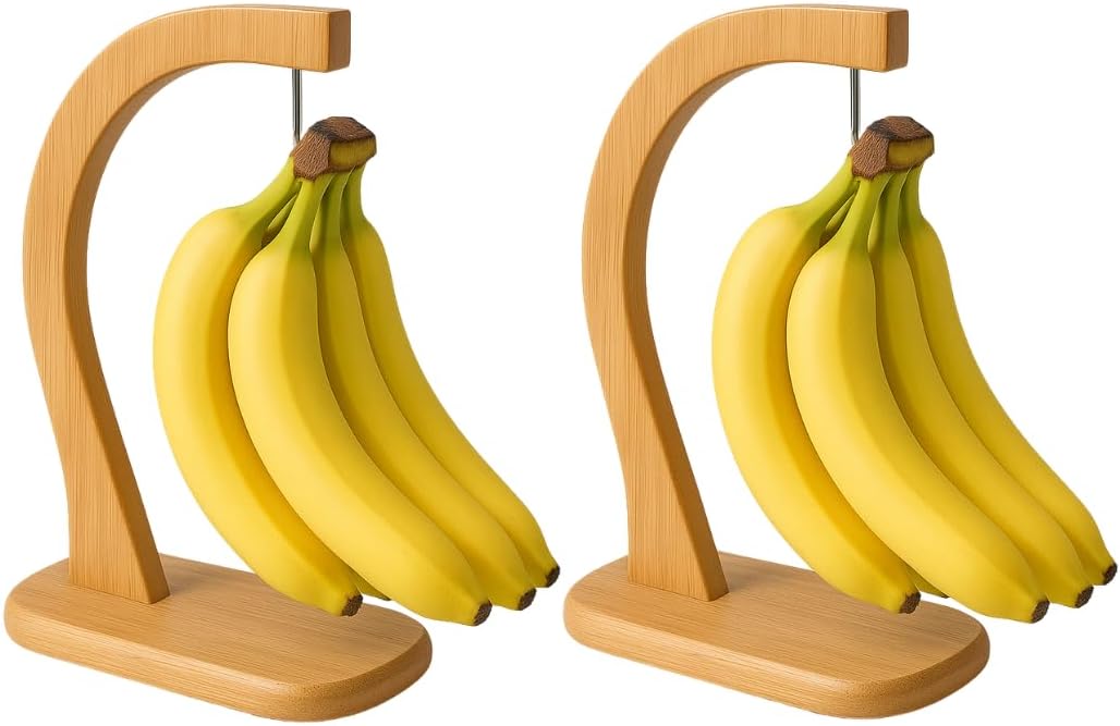 Bamboo Banana Hanger Stand – Wooden Countertop Banana Hook Holder for Kitchen Storage Display