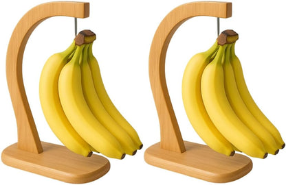 Bamboo Banana Hanger Stand – Wooden Countertop Banana Hook Holder for Kitchen Storage Display