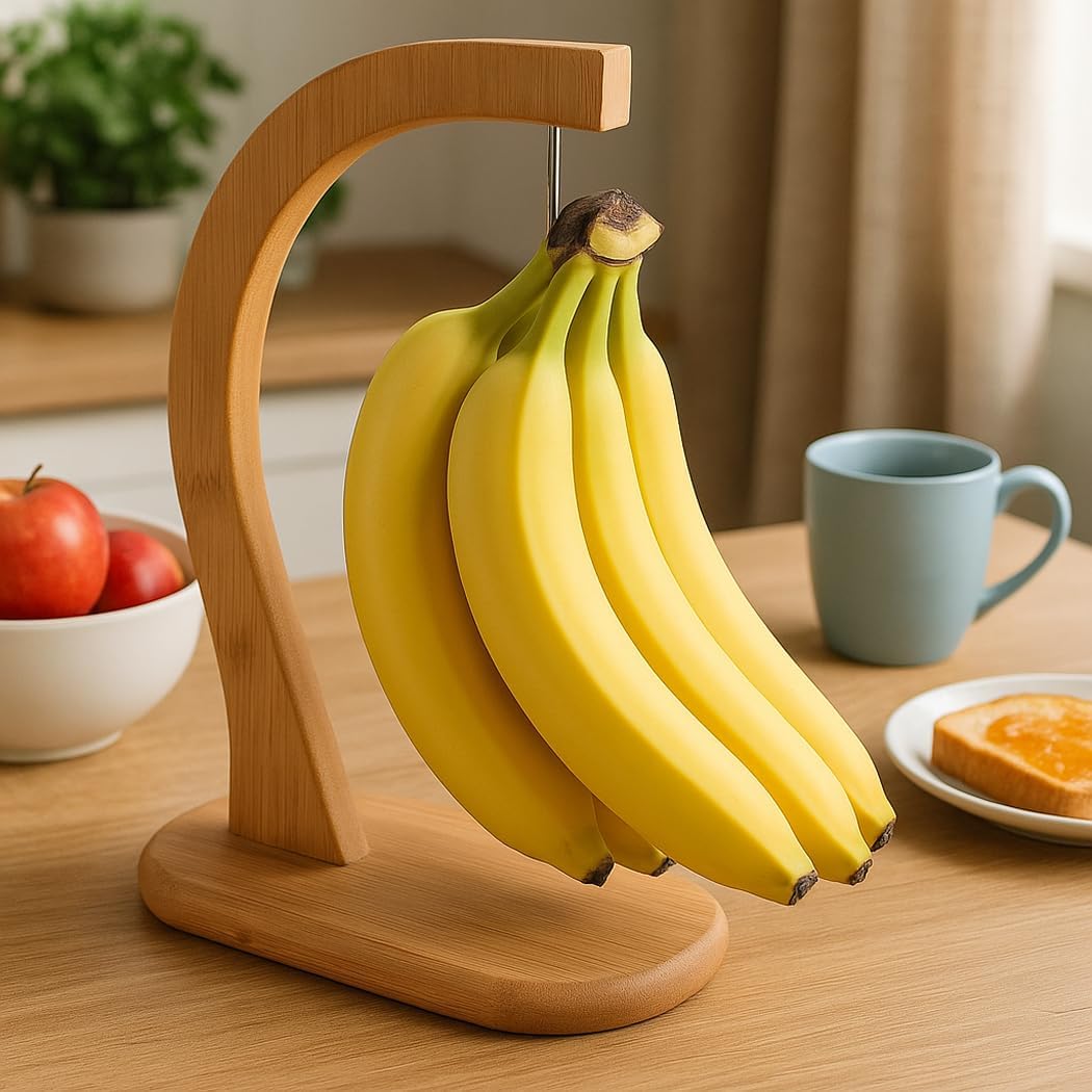 Bamboo Banana Hanger Stand – Wooden Countertop Banana Hook Holder for Kitchen Storage Display