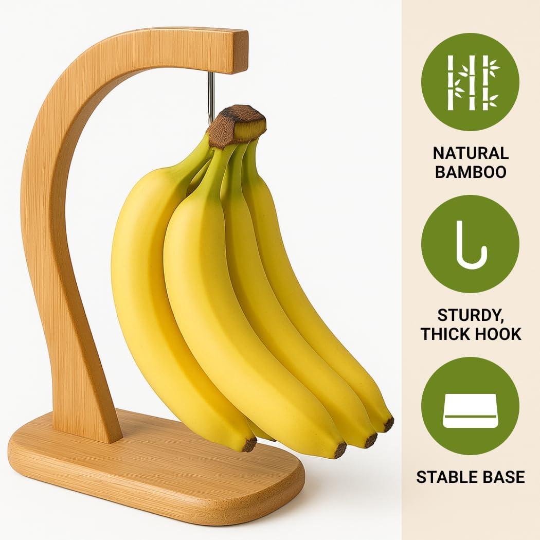 Bamboo Banana Hanger Stand – Wooden Countertop Banana Hook Holder for Kitchen Storage Display