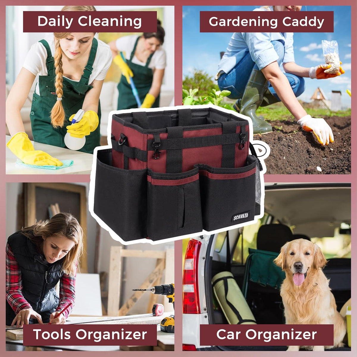 SCAVATA Compact Wearable Cleaning Caddy with Handle & Shoulder Straps | Small Cleaning Supplies Organizer, Under Sink & Car Cleaning Tools Storage Bag for Housekeepers Cleaners, Black