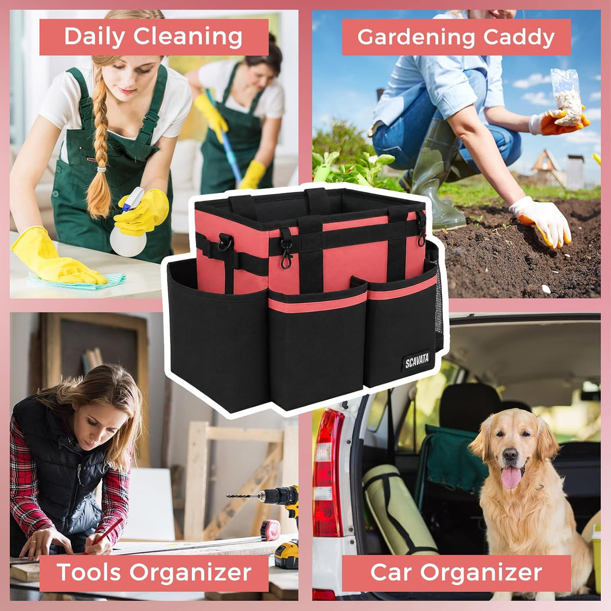 SCAVATA Compact Wearable Cleaning Caddy with Handle & Shoulder Straps | Small Cleaning Supplies Organizer, Under Sink & Car Cleaning Tools Storage Bag for Housekeepers Cleaners, Black