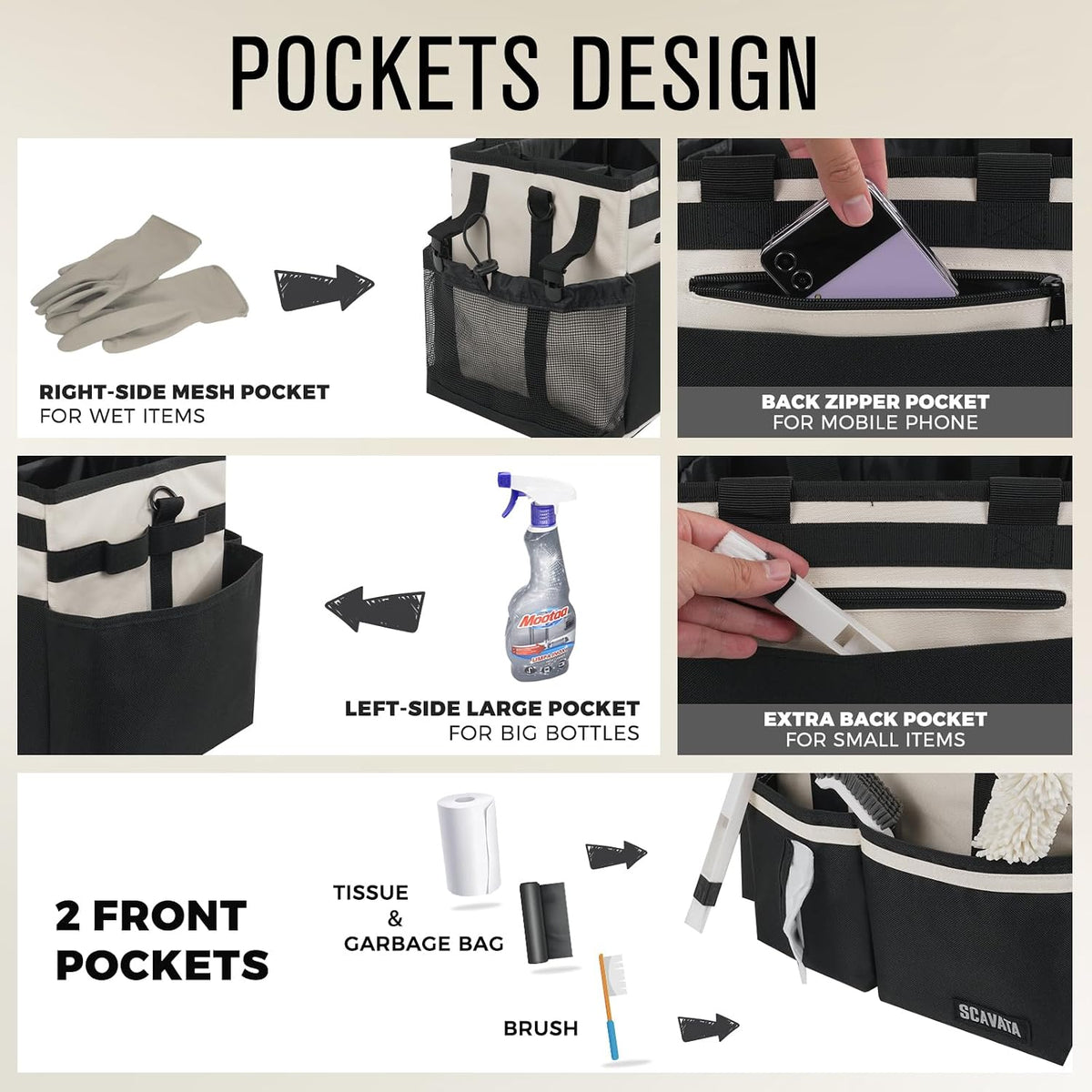 SCAVATA Compact Wearable Cleaning Caddy with Handle & Shoulder Straps | Small Cleaning Supplies Organizer, Under Sink & Car Cleaning Tools Storage Bag for Housekeepers Cleaners, Black