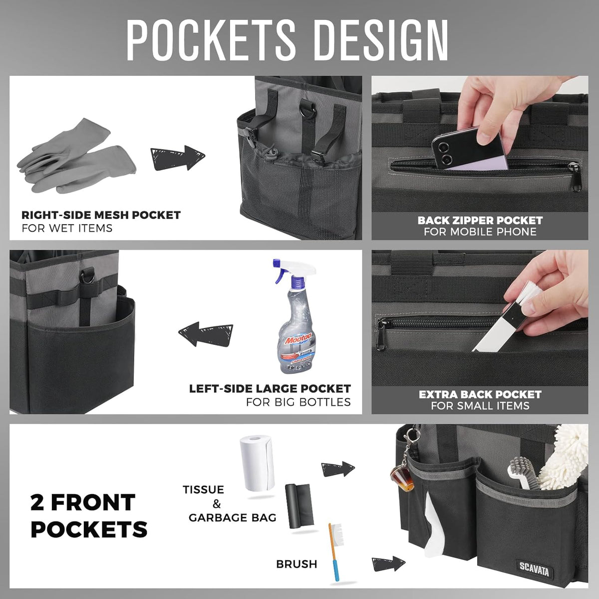 SCAVATA Compact Wearable Cleaning Caddy with Handle & Shoulder Straps | Small Cleaning Supplies Organizer, Under Sink & Car Cleaning Tools Storage Bag for Housekeepers Cleaners, Black