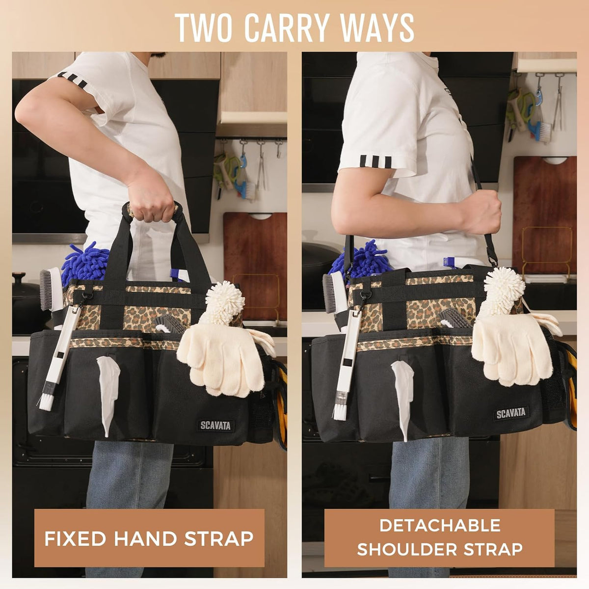 SCAVATA Compact Wearable Cleaning Caddy with Handle & Shoulder Straps | Small Cleaning Supplies Organizer, Under Sink & Car Cleaning Tools Storage Bag for Housekeepers Cleaners, Black