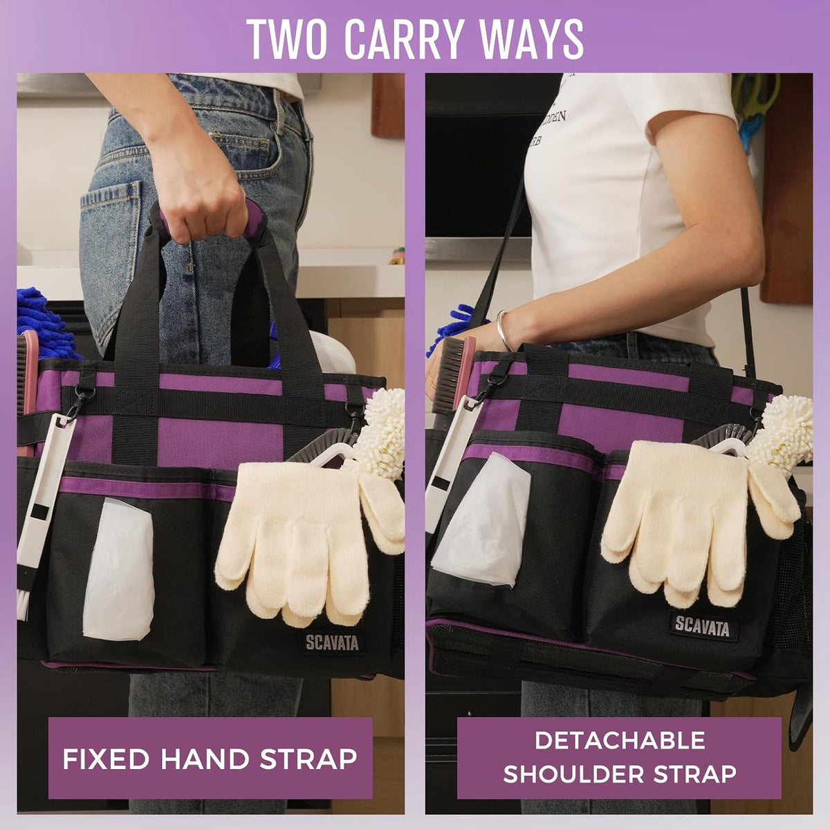 SCAVATA Compact Wearable Cleaning Caddy with Handle & Shoulder Straps | Small Cleaning Supplies Organizer, Under Sink & Car Cleaning Tools Storage Bag for Housekeepers Cleaners, Black