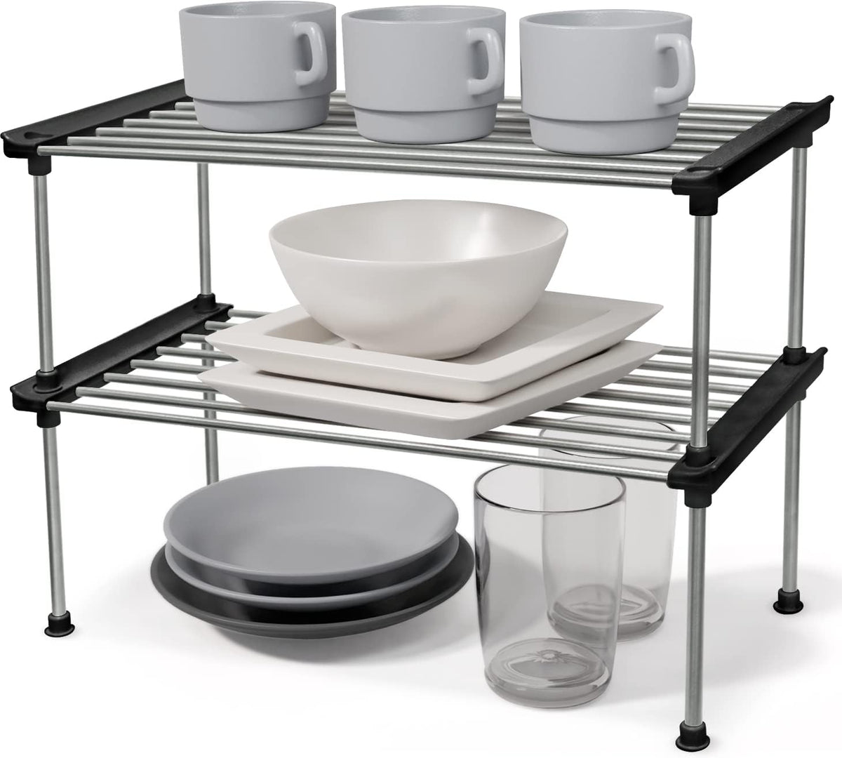 Set of 2 Stackable Cabinet Organizer Shelf 9.8 x 7.8 x 6.1 White | Kitchen Counter Shelves, Kitchen Cabinet Organizers and Storage, Pantry Storage Shelf Organizer