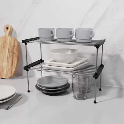 Set of 2 Stackable Cabinet Organizer Shelf 9.8 x 7.8 x 6.1 White | Kitchen Counter Shelves, Kitchen Cabinet Organizers and Storage, Pantry Storage Shelf Organizer