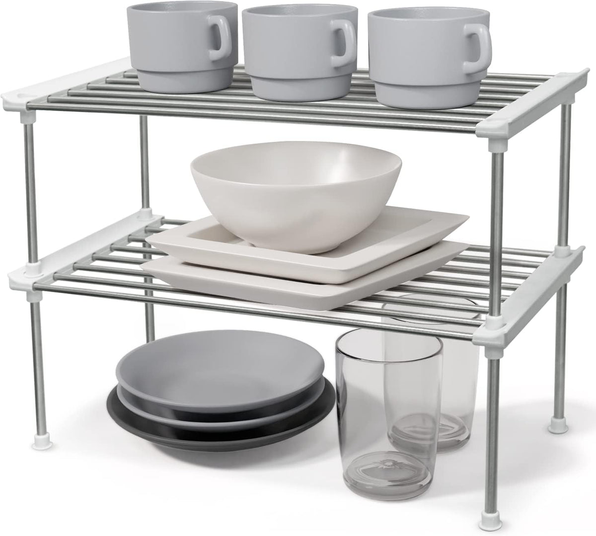 Set of 2 Stackable Cabinet Organizer Shelf 9.8 x 7.8 x 6.1 White | Kitchen Counter Shelves, Kitchen Cabinet Organizers and Storage, Pantry Storage Shelf Organizer