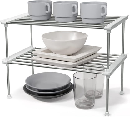 Set of 2 Stackable Cabinet Organizer Shelf 9.8 x 7.8 x 6.1 White | Kitchen Counter Shelves, Kitchen Cabinet Organizers and Storage, Pantry Storage Shelf Organizer