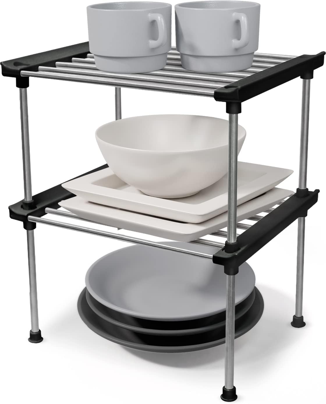 Set of 2 Stackable Cabinet Organizer Shelf 9.8 x 7.8 x 6.1 White | Kitchen Counter Shelves, Kitchen Cabinet Organizers and Storage, Pantry Storage Shelf Organizer