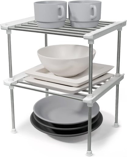 Set of 2 Stackable Cabinet Organizer Shelf 9.8 x 7.8 x 6.1 White | Kitchen Counter Shelves, Kitchen Cabinet Organizers and Storage, Pantry Storage Shelf Organizer