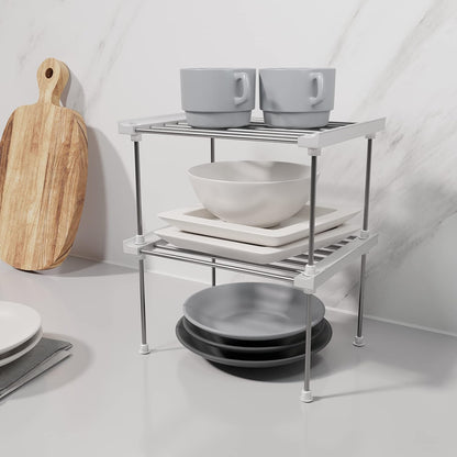 Set of 2 Stackable Cabinet Organizer Shelf 9.8 x 7.8 x 6.1 White | Kitchen Counter Shelves, Kitchen Cabinet Organizers and Storage, Pantry Storage Shelf Organizer