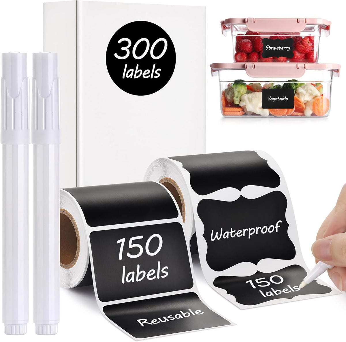 Chalkboard Labels - 180pcs Waterproof Reusable Blackboard Stickers with 2 Free Erasable White Chalk Marker, Mini Decorative Chalk Labels for Jars Containers Kitchen Home Pantry Office