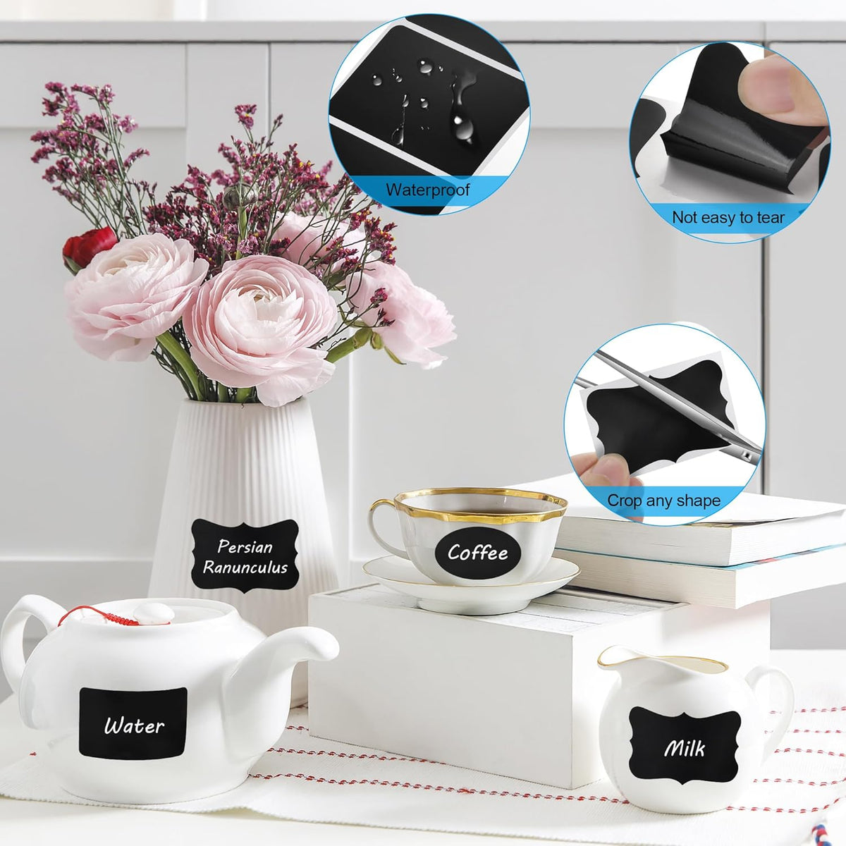 Chalkboard Labels - 180pcs Waterproof Reusable Blackboard Stickers with 2 Free Erasable White Chalk Marker, Mini Decorative Chalk Labels for Jars Containers Kitchen Home Pantry Office