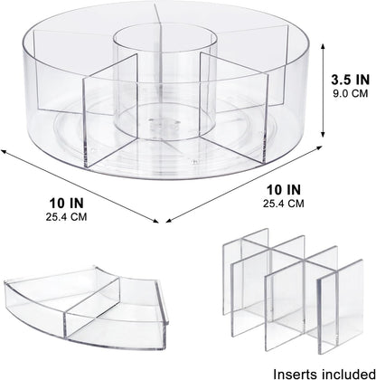 360° Rotating Makeup Organizer, 10" Clear Turntable Lazy Susan Organizer for Vanity, Bathroom Counter, Cabinet, Spinning Cosmetic Storage Holder with 6 Dividers for Skincare, Makeup Brushes, Lipsticks