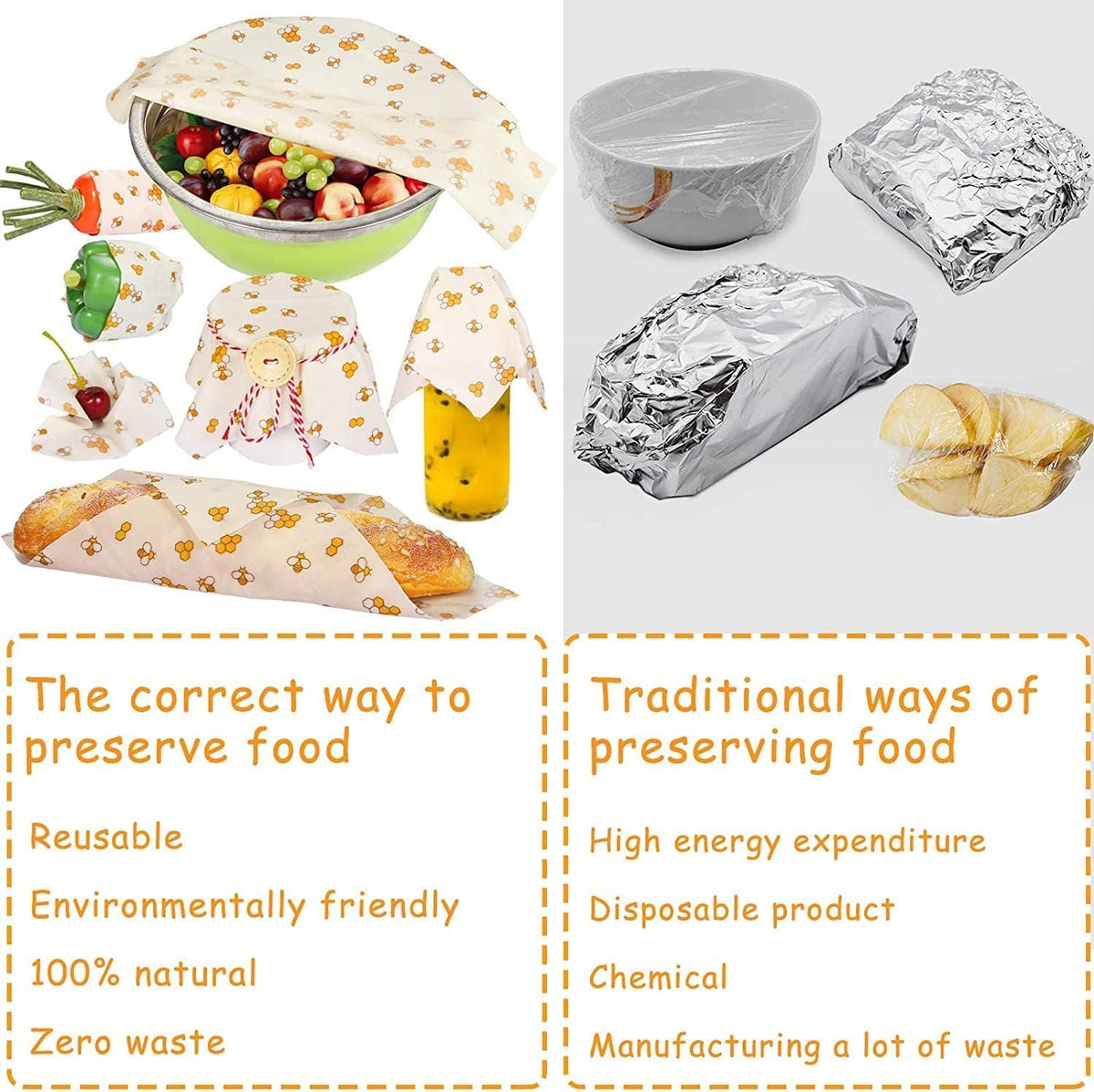 Beeswax Food Wrap (Set of 7) Sustainable Alternative to Aluminum Foil and Albal Paper - For Fruits, Vegetables, Bread, Cheese and Other Foods