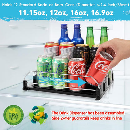 Drink Dispenser for Refrigerator, Self-Pushing Soda Can Organizer for Fridge, 3 Rows has been Assembled, Automatic Can Organizer with Spring Loaded for Refrigerator Holds 12 cans, Black