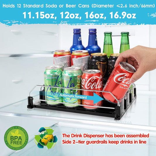 Drink Dispenser for Refrigerator, Self-Pushing Soda Can Organizer for Fridge, 3 Rows has been Assembled, Automatic Can Organizer with Spring Loaded for Refrigerator Holds 12 cans, Black