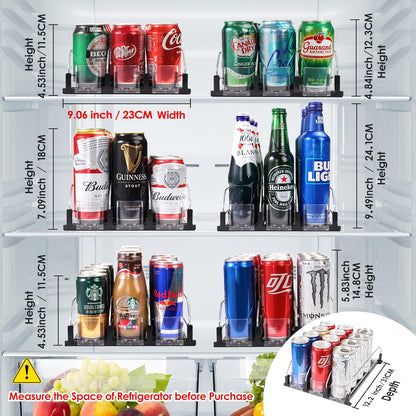 Drink Dispenser for Refrigerator, Self-Pushing Soda Can Organizer for Fridge, 3 Rows has been Assembled, Automatic Can Organizer with Spring Loaded for Refrigerator Holds 12 cans, Black