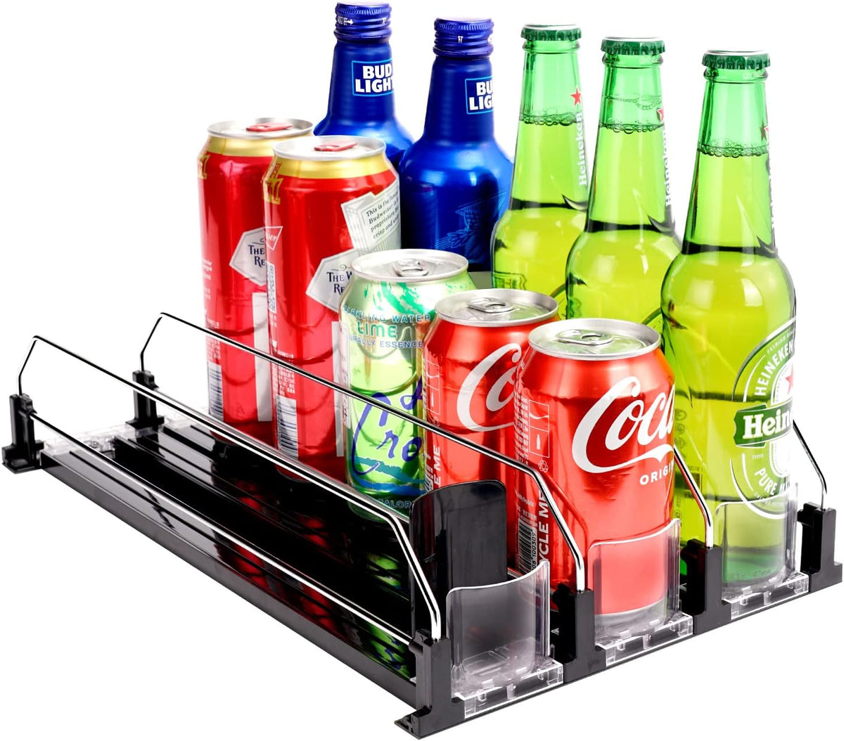 Drink Dispenser for Refrigerator, Self-Pushing Soda Can Organizer for Fridge, 3 Rows has been Assembled, Automatic Can Organizer with Spring Loaded for Refrigerator Holds 12 cans, Black