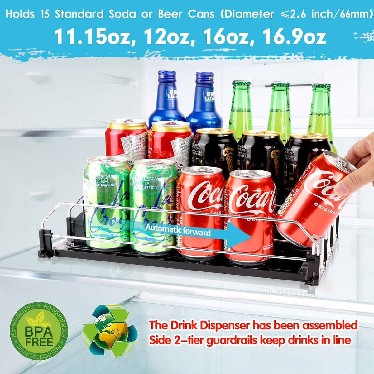 Drink Dispenser for Refrigerator, Self-Pushing Soda Can Organizer for Fridge, 3 Rows has been Assembled, Automatic Can Organizer with Spring Loaded for Refrigerator Holds 12 cans, Black