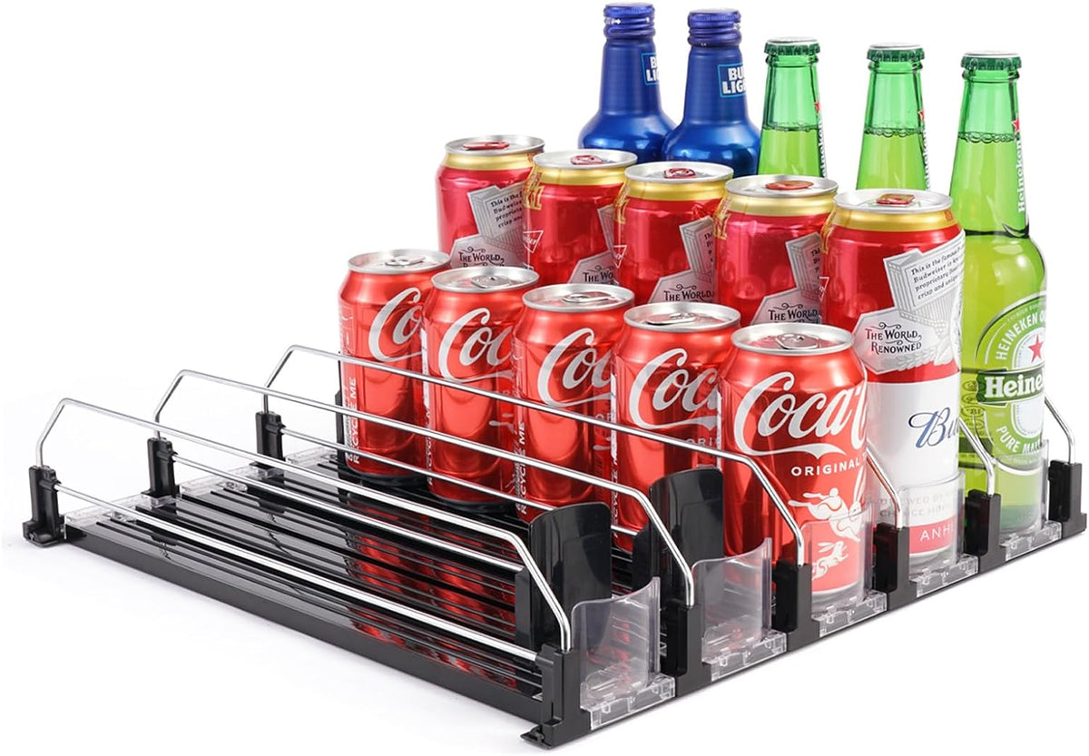 Drink Dispenser for Refrigerator, Self-Pushing Soda Can Organizer for Fridge, 3 Rows has been Assembled, Automatic Can Organizer with Spring Loaded for Refrigerator Holds 12 cans, Black