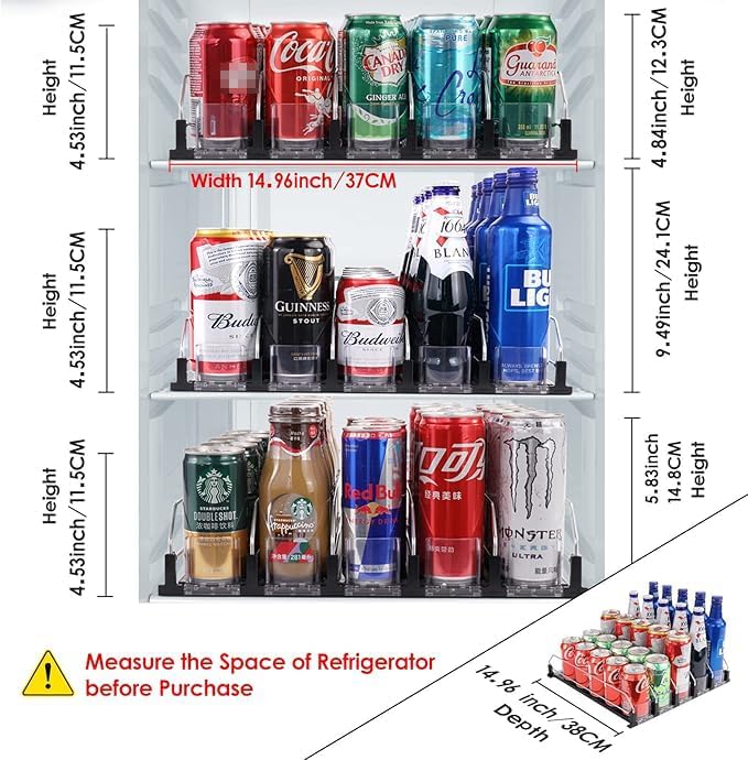 Drink Dispenser for Refrigerator, Self-Pushing Soda Can Organizer for Fridge, 3 Rows has been Assembled, Automatic Can Organizer with Spring Loaded for Refrigerator Holds 12 cans, Black