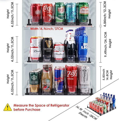 Drink Dispenser for Refrigerator, Self-Pushing Soda Can Organizer for Fridge, 3 Rows has been Assembled, Automatic Can Organizer with Spring Loaded for Refrigerator Holds 12 cans, Black